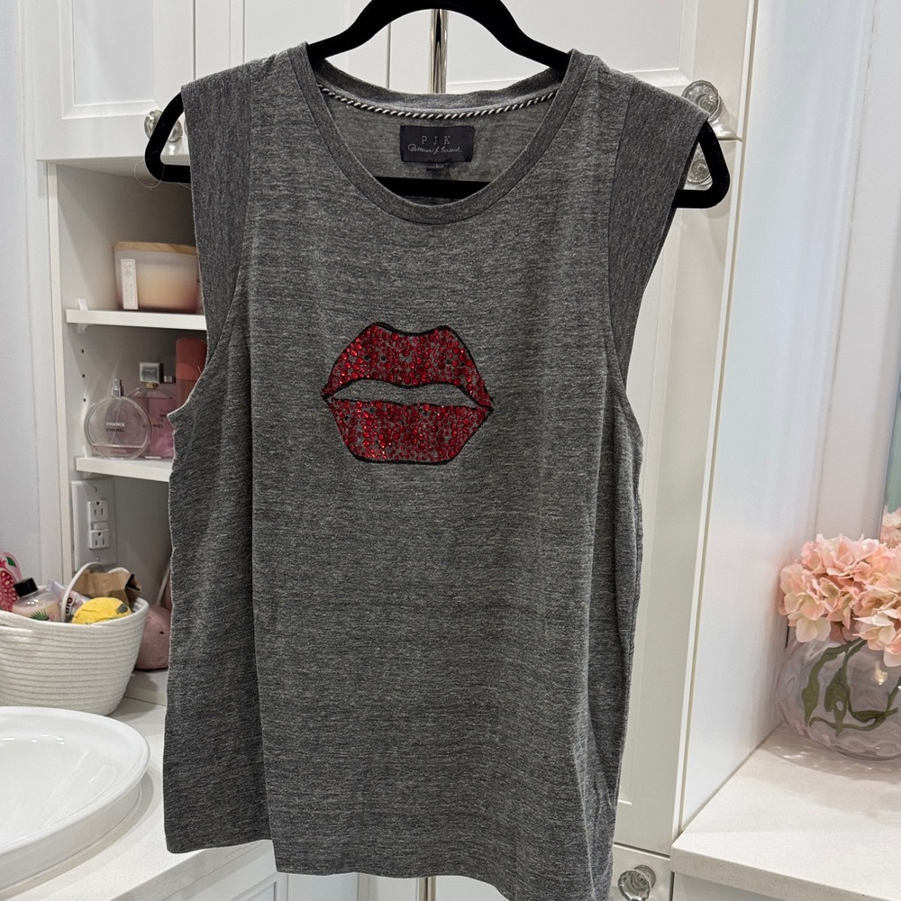 Patterson J. Kincaid Gray Muscle Tee with Red Lips